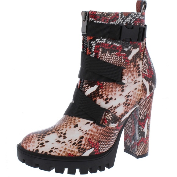 Red Lug Style Ankle Snake Print Heel Boot - Picture 2 of 3